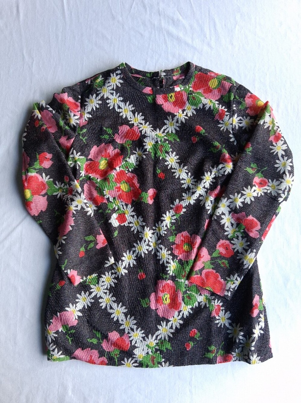 Vintage 70s Blouse Black Floral Print Metallic Thread Long Sleeve